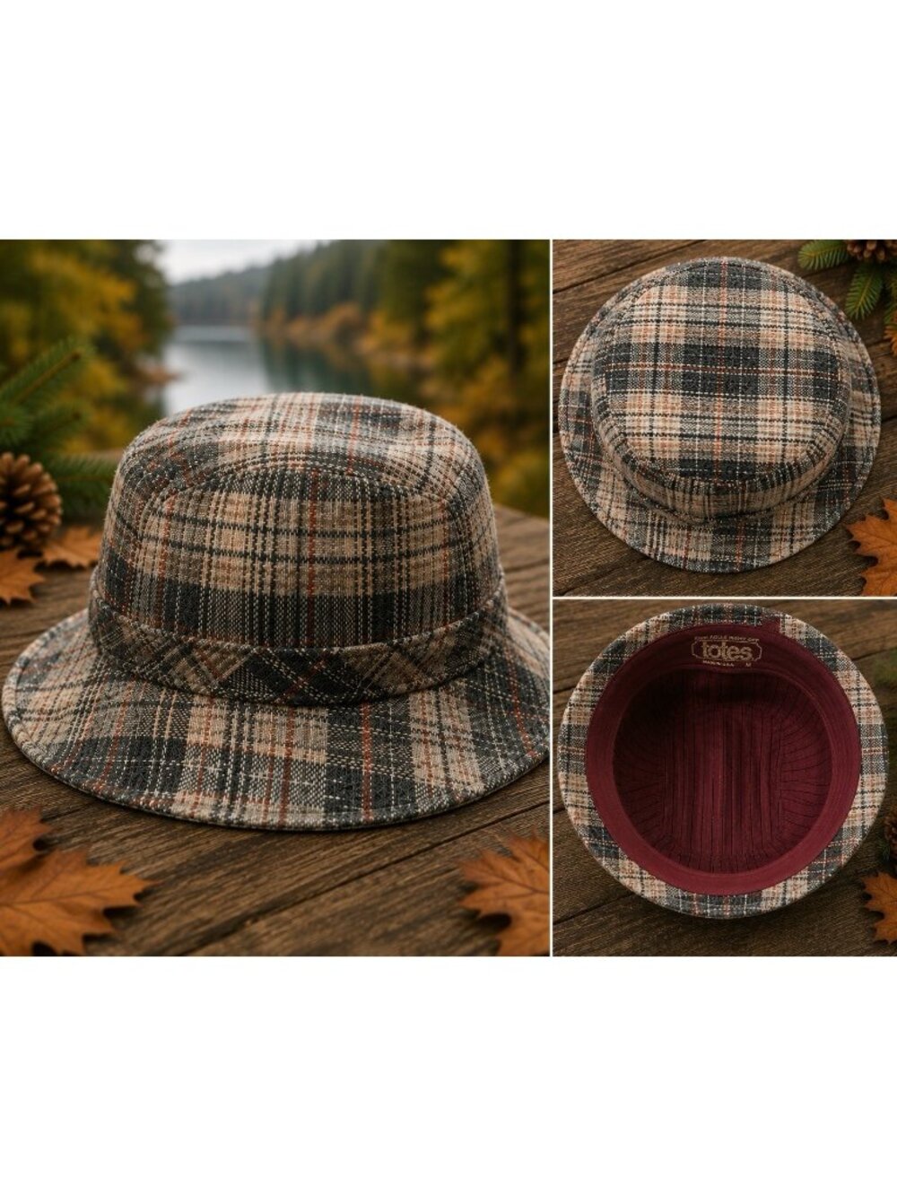 Vintage Totes USA Plaid Tweed Rain Hat Bucket Hat Wool Blend Made USA Sz M